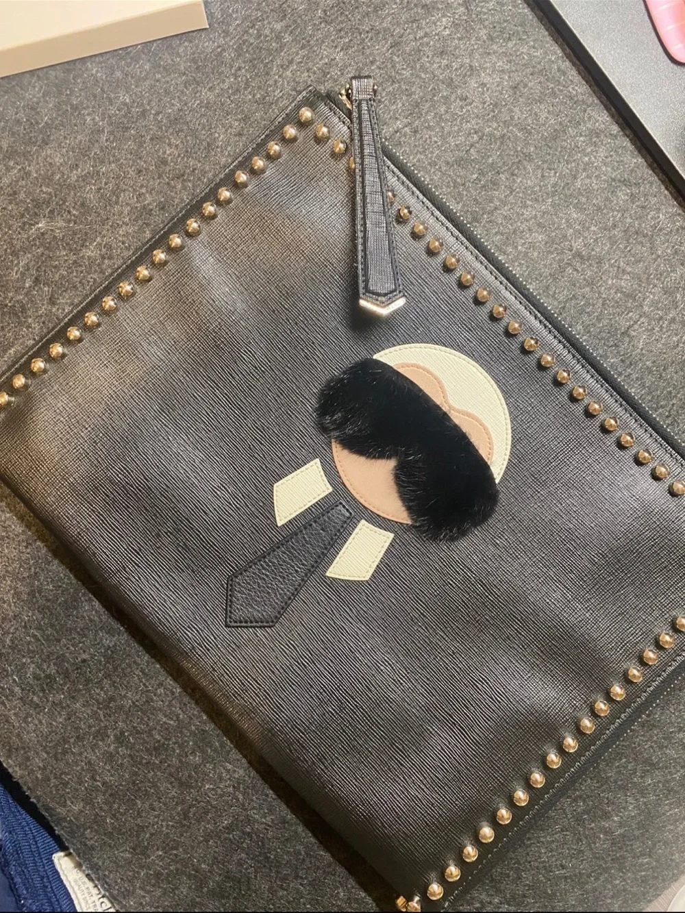 FENDI Black Saffiano Leather Karlito Flat Clutch Bag